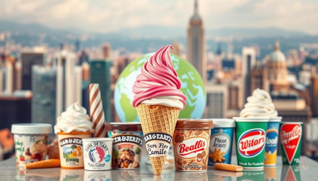 A vibrant collage of the world's most iconic ice cream brands, captured in a high-quality, realistic style. In the foreground, an assortment of classic ice cream cones and cups, each showcasing the distinct branding and logos of top international labels like Häagen-Dazs, Ben &amp;amp;amp; Jerry's, Baskin-Robbins, and Walls. The middle ground features a stylized globe, emphasizing the global reach and popularity of these beloved ice cream brands. The background is a soft, blurred scene of a bustling city, hinting at the international presence and widespread appeal of these companies. Warm, natural lighting illuminates the scene, creating a welcoming and inviting atmosphere.