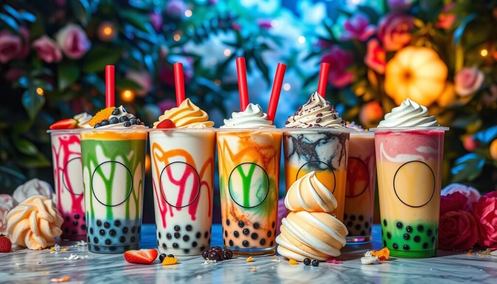 A vibrant display of Mixue bubble tea flavors in a visually stunning fusion creation. Foreground features an array of tempting bubble tea cups, each overflowing with colorful toppings, swirling syrups, and frothy textures. Middle ground showcases creamy ice cream scoops in complementary flavors, artfully arranged. Background depicts a lush, dreamlike setting with soft lighting and a hint of whimsy, evoking a sense of indulgence and delight. Captured with a wide-angle lens to accentuate the depth and complexity of this imaginative flavor fusion. The overall mood is one of irresistible, playful sophistication, inviting the viewer to dive into this tempting world of Mixue's innovative bubble tea creations.