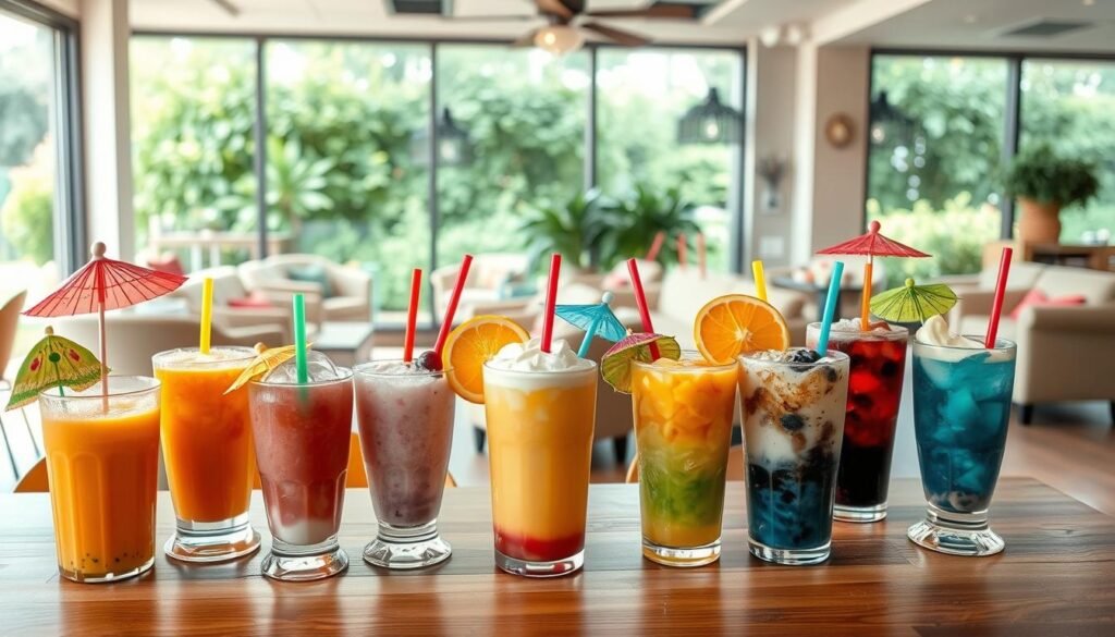 A vibrant, family-friendly café setting in Parma Heights, showcasing an array of kid-friendly beverages. In the foreground, an assortment of colorful, whimsical drinks adorned with playful toppings, umbrellas, and straws, arranged on a wooden tabletop. In the middle ground, cozy seating areas with plush, inviting armchairs and sofas, creating a warm, welcoming ambiance. The background features large windows overlooking a lush, verdant outdoor patio, allowing natural light to flood the space. The overall mood is bright, cheerful, and inclusive, capturing the essence of a family-oriented, pet-friendly establishment. A vibrant, family-friendly café setting in Parma Heights, showcasing an array of kid-friendly beverages. In the foreground, an assortment of colorful, whimsical drinks adorned with playful toppings, umbrellas, and straws, arranged on a wooden tabletop. In the middle ground, cozy seating areas with plush, inviting armchairs and sofas, creating a warm, welcoming ambiance. The background features large windows overlooking a lush, verdant outdoor patio, allowing natural light to flood the space. The overall mood is bright, cheerful, and inclusive, capturing the essence of a family-oriented, pet-friendly establishment.