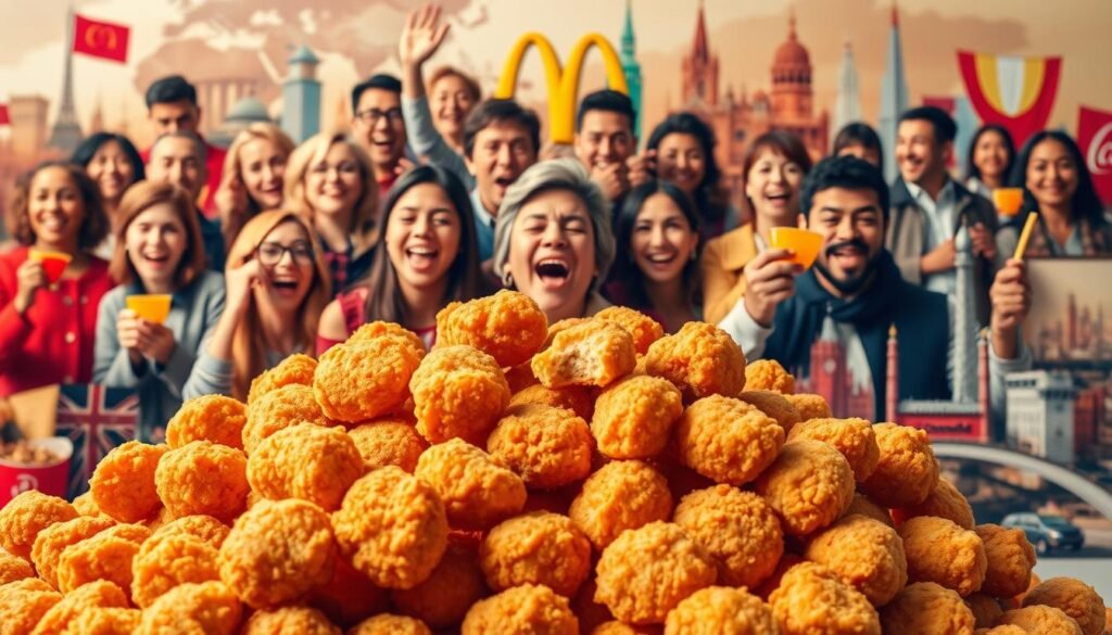 A vibrant, high-quality photograph showcasing the global popularity of McDonald's McNuggets. The foreground features a large pile of golden-brown McNuggets, arranged in an eye-catching, visually appealing manner. The mid-ground shows a diverse array of people from different cultures and backgrounds, each enthusiastically enjoying the McNuggets, conveying a sense of international appeal and shared appreciation. The background depicts a collage of iconic landmarks and cityscapes from around the world, representing the worldwide reach and cultural impact of this beloved fast-food item. The lighting is warm and natural, highlighting the mouthwatering texture and color of the McNuggets. The camera angle is slightly elevated, providing a comprehensive and visually striking perspective on the scene.