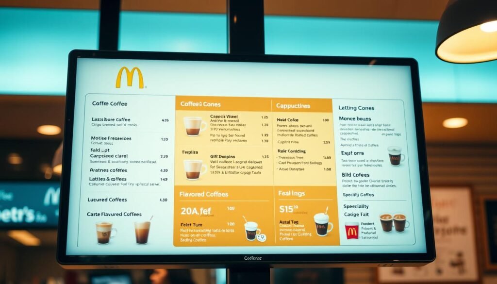 A vibrant, high-resolution photograph of a McDonald's coffee menu displayed on a sleek, modern digital screen. The menu showcases a variety of coffee options, including classic brewed coffee, espresso-based drinks like cappuccinos and lattes, as well as specialty flavored coffees. The menu is well-organized, with clear and concise descriptions of each item, presented in a clean, minimalist design. The lighting is soft and warm, creating a cozy, inviting atmosphere, and the angle of the shot is slightly elevated, giving the viewer a clear, unobstructed view of the menu. The background is blurred, allowing the menu to be the central focus of the image. A vibrant, high-resolution photograph of a McDonald's coffee menu displayed on a sleek, modern digital screen. The menu showcases a variety of coffee options, including classic brewed coffee, espresso-based drinks like cappuccinos and lattes, as well as specialty flavored coffees. The menu is well-organized, with clear and concise descriptions of each item, presented in a clean, minimalist design. The lighting is soft and warm, creating a cozy, inviting atmosphere, and the angle of the shot is slightly elevated, giving the viewer a clear, unobstructed view of the menu. The background is blurred, allowing the menu to be the central focus of the image.