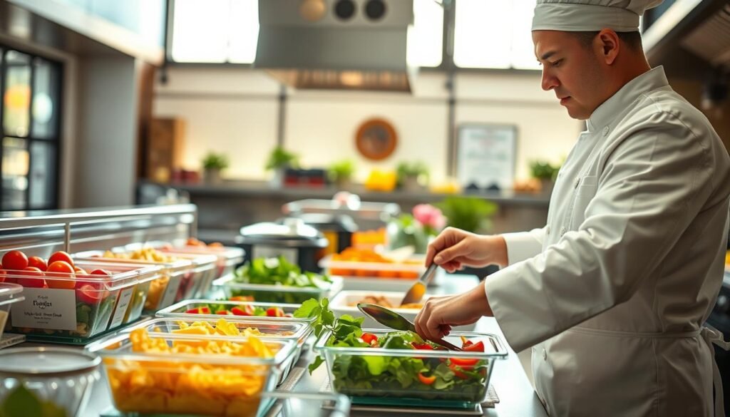 A vibrant kitchen scene showcasing food safety and cross-contact awareness in a California Pizza Kitchen setting. In the foreground, a professional chef in a crisp white uniform uses separate utensils to prepare allergen-free dishes, with an emphasis on cleanliness and organization. The middle ground features various colorful ingredients displayed in clear, labeled containers, illustrating safe food preparation practices. In the background, a bright, modern kitchen ambiance is enhanced by natural light streaming through large windows, creating a warm and inviting atmosphere. The image captures the essence of diligent safety measures, emphasizing a commitment to customer health and awareness in food handling. Use a soft-focus lens to create depth, highlighting the chef's focused demeanor while maintaining a cohesive and harmonious environment.