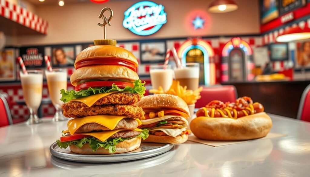 A vibrant, mouth-watering display of Johnny Rockets sandwiches in a classic American diner setting. In the foreground, showcase a towering cheeseburger with melted cheese, crisp lettuce, juicy tomato, and fresh pickles, garnished with a skewer. Accompany it with a golden, crispy chicken sandwich and a colorful, veggie-packed sandwich on whole grain bread. The middle ground features a polished diner table, complete with milkshakes in retro glasses, fries on the side, and a hot dog nestled in a soft bun, topped with mustard and onions. In the background, the charming diner decor includes bright red and white checkered patterns, vintage jukebox, and neon lights for a nostalgic atmosphere. Soft, warm lighting casts an inviting glow over the scene, evoking a cheerful and appetizing mood.