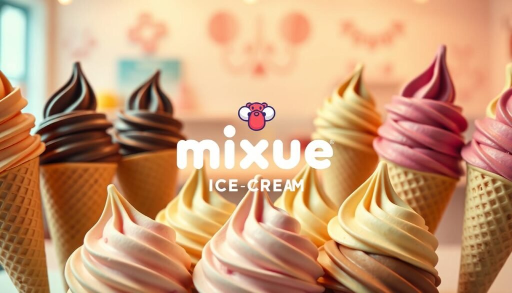 A vibrant scene depicting the top customer favorites from Mixue Ice Cream. In the foreground, an array of creamy, artfully-scooped ice cream cones in a variety of rich, inviting flavors - strawberry, chocolate, vanilla, and more. The cones are arranged in a visually appealing, symmetrical pattern, their colors and textures glistening under warm, soft lighting. In the middle ground, a backdrop of the Mixue Ice Cream logo and branding, conveying a sense of high-quality, beloved products. The background features a blurred, pastel-hued scene suggestive of a cozy, welcoming Mixue Ice Cream shop or parlor, drawing the viewer into the comforting, indulgent atmosphere. The overall impression is one of mouthwatering temptation and customer delight.