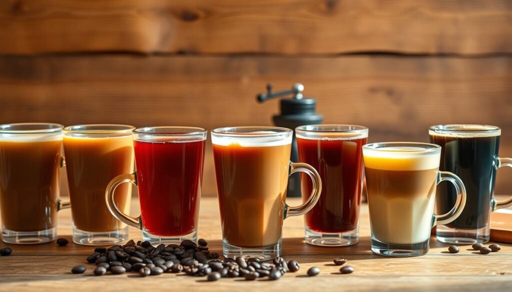 A vibrant still life showcasing seven distinct coffee brew menu flavors. The scene is set against a warm, rustic wooden backdrop, creating a cozy, inviting atmosphere. In the foreground, an assortment of coffee cups, each containing a different specialty brew, are carefully arranged. The cups feature a range of colors, from rich browns to vibrant reds and blues, reflecting the diverse flavor profiles. Soft, natural lighting illuminates the scene, casting gentle shadows and highlighting the delicate details of the drinks. In the middle ground, a few whole coffee beans and a small coffee grinder add a sense of authenticity, hinting at the craft and care that went into creating these beverages. The overall composition conveys a sense of artisanal elegance, inviting the viewer to imagine the flavorful and aromatic experience of each unique coffee offering. A vibrant still life showcasing seven distinct coffee brew menu flavors. The scene is set against a warm, rustic wooden backdrop, creating a cozy, inviting atmosphere. In the foreground, an assortment of coffee cups, each containing a different specialty brew, are carefully arranged. The cups feature a range of colors, from rich browns to vibrant reds and blues, reflecting the diverse flavor profiles. Soft, natural lighting illuminates the scene, casting gentle shadows and highlighting the delicate details of the drinks. In the middle ground, a few whole coffee beans and a small coffee grinder add a sense of authenticity, hinting at the craft and care that went into creating these beverages. The overall composition conveys a sense of artisanal elegance, inviting the viewer to imagine the flavorful and aromatic experience of each unique coffee offering.