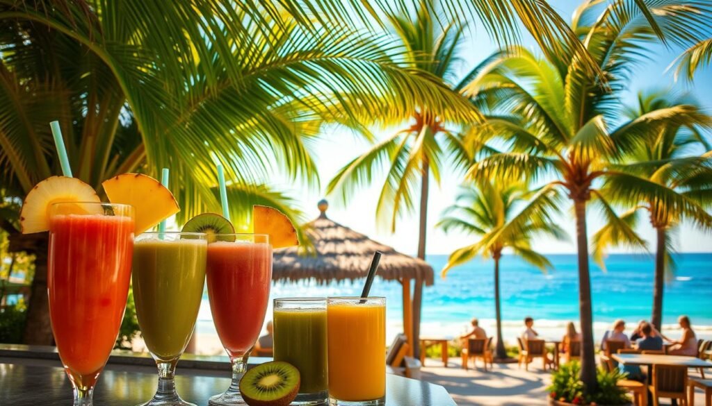 A vibrant tropical smoothie bar nestled amidst lush palm trees, bathed in warm, golden sunlight. The foreground features an array of freshly blended fruit smoothies in tall, frosty glasses, garnished with colorful slices of pineapple, kiwi, and mango. In the middle ground, a cozy outdoor seating area invites patrons to savor their refreshing breakfast under the shade of a thatched-roof cabana. The background showcases a picturesque coastal landscape, with azure waters lapping at the shore and a distant horizon dotted with swaying palm silhouettes. The overall atmosphere evokes a sense of tranquility, rejuvenation, and the carefree spirit of a tropical paradise.