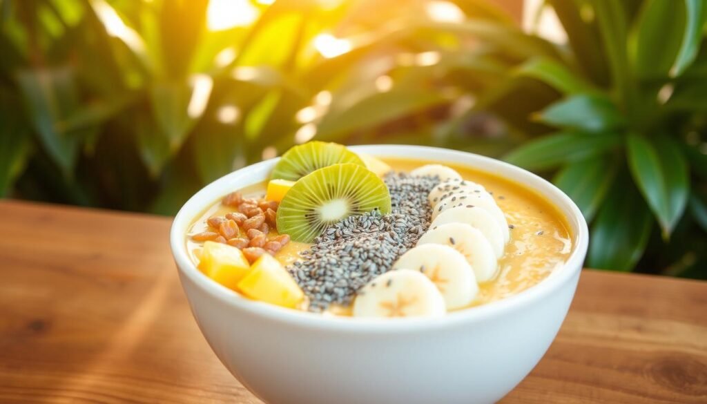 A vibrant tropical smoothie bowl filled with a vibrant blend of fresh pineapple, mango, and bananas, topped with a sprinkle of chia seeds, sliced kiwi, and a drizzle of honey. The smoothie is served in a white ceramic bowl, placed on a wooden table against a backdrop of lush green foliage and warm, natural lighting filtering through the scene. The composition is clean and minimalist, showcasing the vibrant colors and textures of the healthy breakfast ingredients.