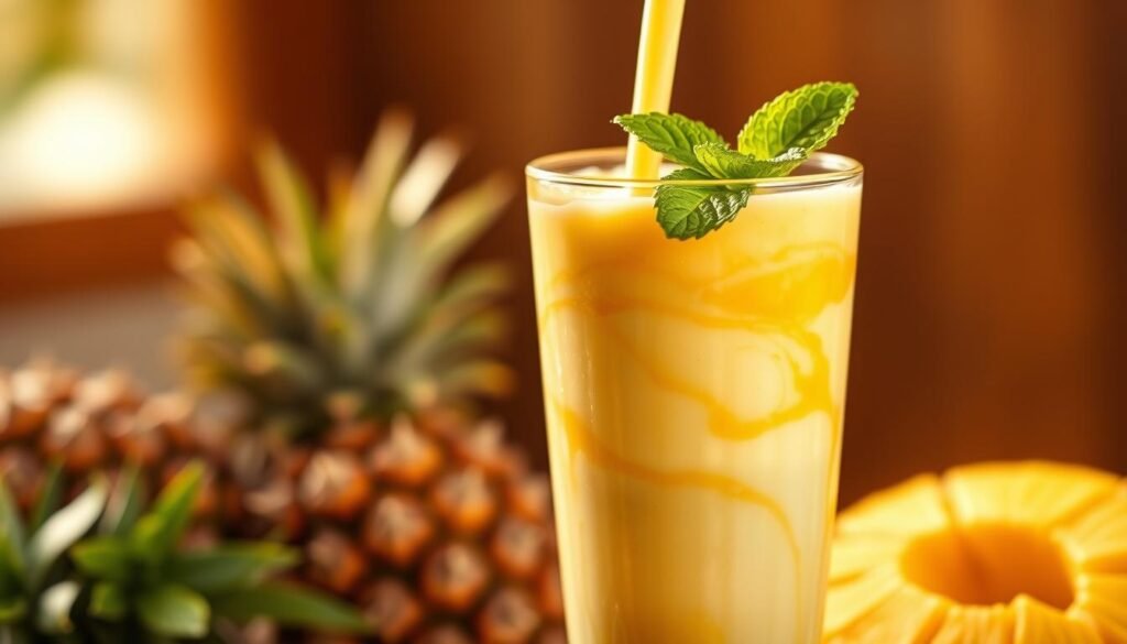 A vibrant tropical smoothie with a swirling blend of ripe mango, pineapple, and coconut milk. The lush, creamy mixture is poured into a tall glass, garnished with a fresh mint sprig. The scene is bathed in warm, golden light, as if captured by a soft-focus lens. The smoothie appears thick and indulgent, yet clearly dairy-free, making it an allergy-friendly option for those with lactose intolerance or other dietary restrictions. The overall mood is one of refreshing, summery delight, perfectly suited to illustrate a section on tropical smoothie allergen information.
