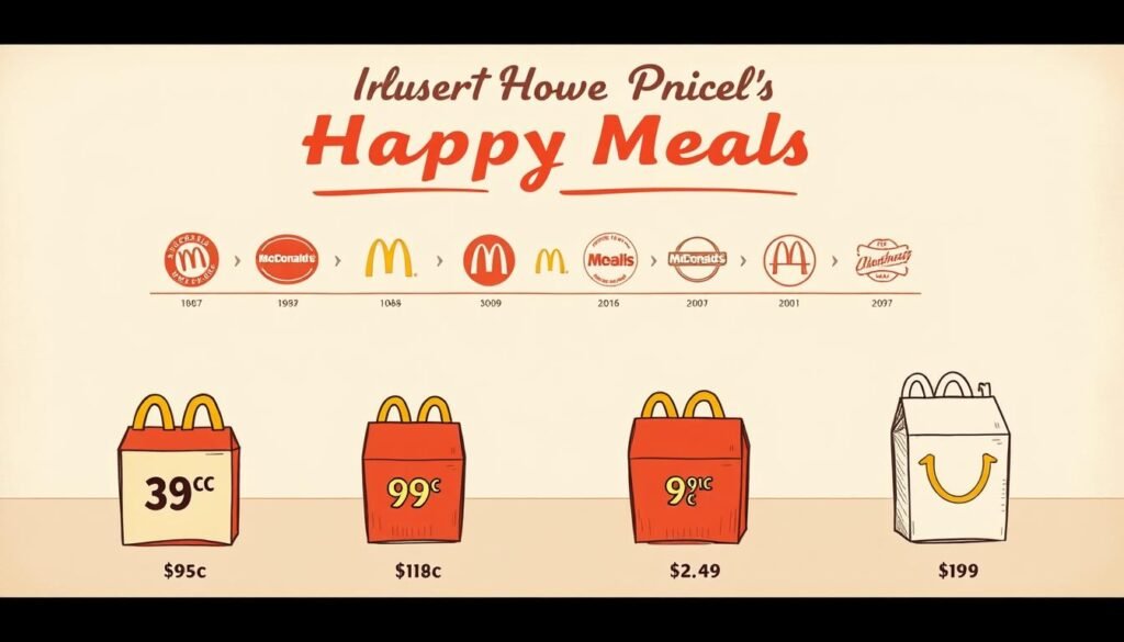 A vintage-inspired illustration showcasing the price evolution of the iconic McDonald's Happy Meal. In the foreground, a series of golden arches and Happy Meal boxes in a retro style, each labeled with the corresponding price from different eras - 33 cents, 99 cents, $2.49, and the modern-day price. The middle ground features a timeline of McDonald's logos and branding, subtly tracing the Happy Meal's history. The background is a soft, nostalgic gradient, evoking a sense of warmth and nostalgia. The overall composition is balanced, with a classic, hand-drawn aesthetic that complements the subject matter.