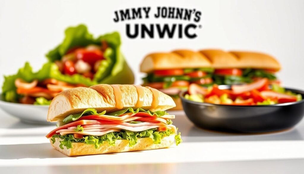 A visually appealing and informative illustration of a Jimmy John's Unwich and other low-calorie menu items, captured in a bright, clean, and appetizing manner. The foreground features a Jimmy John's Unwich, showcasing the fresh, crisp ingredients with natural lighting and a shallow depth of field to draw the viewer's attention. The middle ground presents an assortment of other low-calorie menu options, such as a lettuce-wrapped sandwich and a side salad, artfully arranged to highlight their nutritional value. The background maintains a minimalist, white or light-colored setting, allowing the food to be the focal point and creating a sense of simplicity and purity. The overall composition conveys a healthy, low-calorie, and guilt-free dining experience at Jimmy John's. A visually appealing and informative illustration of a Jimmy John's Unwich and other low-calorie menu items, captured in a bright, clean, and appetizing manner. The foreground features a Jimmy John's Unwich, showcasing the fresh, crisp ingredients with natural lighting and a shallow depth of field to draw the viewer's attention. The middle ground presents an assortment of other low-calorie menu options, such as a lettuce-wrapped sandwich and a side salad, artfully arranged to highlight their nutritional value. The background maintains a minimalist, white or light-colored setting, allowing the food to be the focal point and creating a sense of simplicity and purity. The overall composition conveys a healthy, low-calorie, and guilt-free dining experience at Jimmy John's.