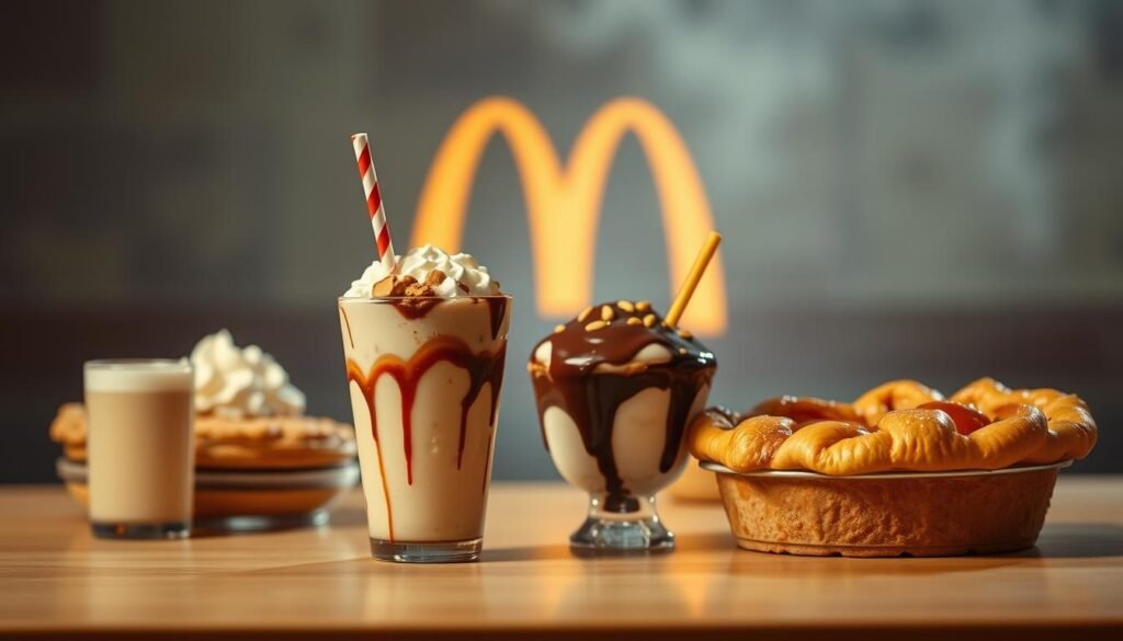 A visually enticing spread of McDonald's classic dessert offerings, captured under soft, warm lighting. In the foreground, an array of tempting treats - a creamy milkshake, a decadent hot fudge sundae, and a gooey, golden-brown apple pie, all arranged artfully on a clean, wooden surface. In the middle ground, the iconic McDonald's arches loom, casting a subtle glow, hinting at the brand's heritage. The background features a subdued, hazy backdrop, allowing the desserts to take center stage and whet the appetite. The overall mood is one of indulgence and satisfaction, perfectly complementing the "Sweet Endings" section of the article. A visually enticing spread of McDonald's classic dessert offerings, captured under soft, warm lighting. In the foreground, an array of tempting treats - a creamy milkshake, a decadent hot fudge sundae, and a gooey, golden-brown apple pie, all arranged artfully on a clean, wooden surface. In the middle ground, the iconic McDonald's arches loom, casting a subtle glow, hinting at the brand's heritage. The background features a subdued, hazy backdrop, allowing the desserts to take center stage and whet the appetite. The overall mood is one of indulgence and satisfaction, perfectly complementing the "Sweet Endings" section of the article.