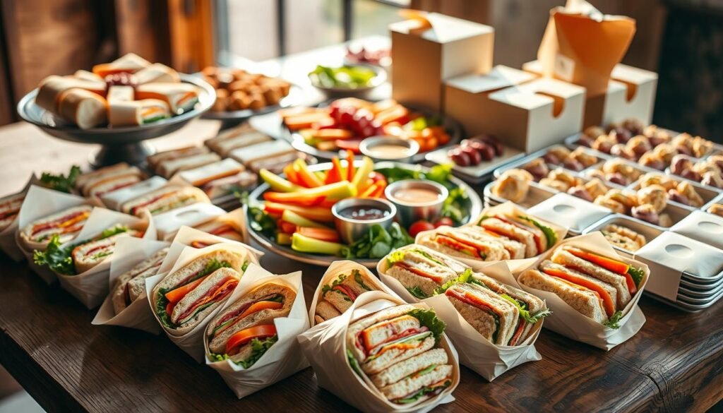 A well-curated assortment of artisanal sandwich platters, fresh veggie trays, and tempting dessert boxes arranged on a rustic wooden table. The scene is bathed in warm, natural lighting that accentuates the vibrant colors and textures of the catering spread. In the foreground, a variety of neatly packaged sandwich bundles in paper wrappings and plastic containers take center stage, showcasing the diverse menu options. In the middle ground, a selection of crunchy vegetable crudités nestled in a stylish platter, accompanied by dipping sauces in small ramekins. In the background, a few delectable dessert boxes, their contents hinting at the sweetness within, complete the enticing catering display.