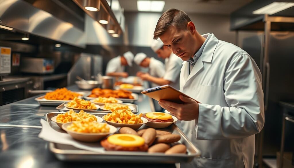 A well-lit commercial kitchen, stainless steel countertops and appliances gleam. In the foreground, a food quality inspector in a crisp white coat meticulously examines a tray of freshly prepared McDonald's breakfast items - golden hash browns, fluffy egg McMuffins, and sizzling sausage patties. The inspector's brow is furrowed in concentration, a clipboard in hand as they assess each item's appearance, texture, and temperature. In the background, line cooks efficiently assemble orders, ensuring consistency and speed. Soft, diffused lighting casts a warm glow, capturing the precision and care taken in crafting McDonald's breakfast menu. A sense of quality control and culinary dedication permeates the scene. A well-lit commercial kitchen, stainless steel countertops and appliances gleam. In the foreground, a food quality inspector in a crisp white coat meticulously examines a tray of freshly prepared McDonald's breakfast items - golden hash browns, fluffy egg McMuffins, and sizzling sausage patties. The inspector's brow is furrowed in concentration, a clipboard in hand as they assess each item's appearance, texture, and temperature. In the background, line cooks efficiently assemble orders, ensuring consistency and speed. Soft, diffused lighting casts a warm glow, capturing the precision and care taken in crafting McDonald's breakfast menu. A sense of quality control and culinary dedication permeates the scene.