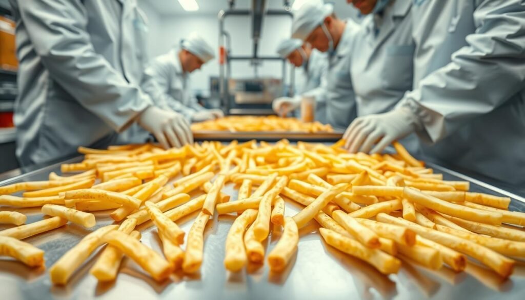 A well-lit, high-resolution close-up shot of McDonald's crispy golden fries being closely inspected by a team of quality control experts. The fries are arranged neatly on a stainless steel surface, their delicate texture and perfect seasoning visible under the bright, even lighting. The experts, wearing white lab coats and protective gloves, carefully examine each fry, checking for consistent size, color, and crispness. The scene conveys a sense of meticulous attention to detail and unwavering commitment to delivering the iconic McDonald's fry experience. A well-lit, high-resolution close-up shot of McDonald's crispy golden fries being closely inspected by a team of quality control experts. The fries are arranged neatly on a stainless steel surface, their delicate texture and perfect seasoning visible under the bright, even lighting. The experts, wearing white lab coats and protective gloves, carefully examine each fry, checking for consistent size, color, and crispness. The scene conveys a sense of meticulous attention to detail and unwavering commitment to delivering the iconic McDonald's fry experience.