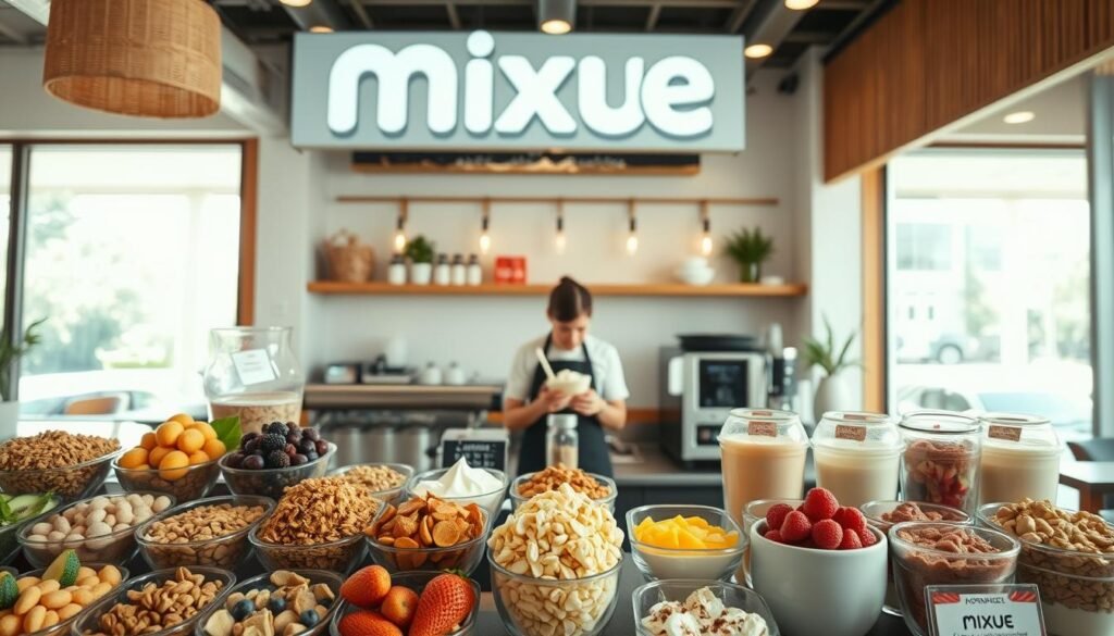A well-lit, high-resolution image of the Mixue Ice Cream &amp;amp;amp;amp;amp;amp; Tea counter, showcasing a variety of healthier customization options. In the foreground, a clean, inviting display features an array of fresh fruit toppings, nuts, granola, and low-fat dairy options. The middle ground shows a barista meticulously assembling a customized ice cream or tea order, highlighting the care and attention to detail. The background features the warm, modern decor of the Mixue cafe, with natural lighting filtering in through large windows. The overall atmosphere conveys a sense of wellness, quality, and the ability to create a delicious, nutritious treat.