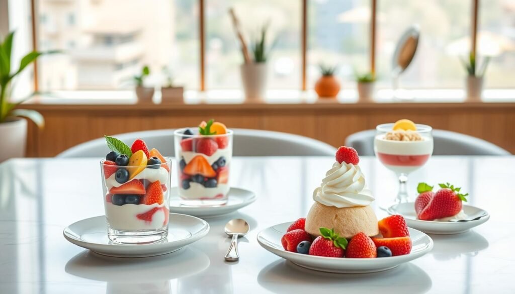 A well-lit, high-resolution image showcasing the delectable Mixue Healthy Dessert Menu Options. In the foreground, an array of vibrant, artfully presented desserts - from refreshing fruit parfaits to creamy dairy-free mousses, all made with wholesome, nutritious ingredients. In the middle ground, a clean, minimalist table setting with sleek plates and utensils, complementing the desserts' elegant simplicity. The background features a serene, light-filled space with natural textures, such as wood paneling and potted plants, creating a calming, health-conscious ambiance. The overall composition conveys a sense of balance, nourishment, and indulgence, perfectly encapsulating the ethos of Mixue's Healthy Dessert Menu.