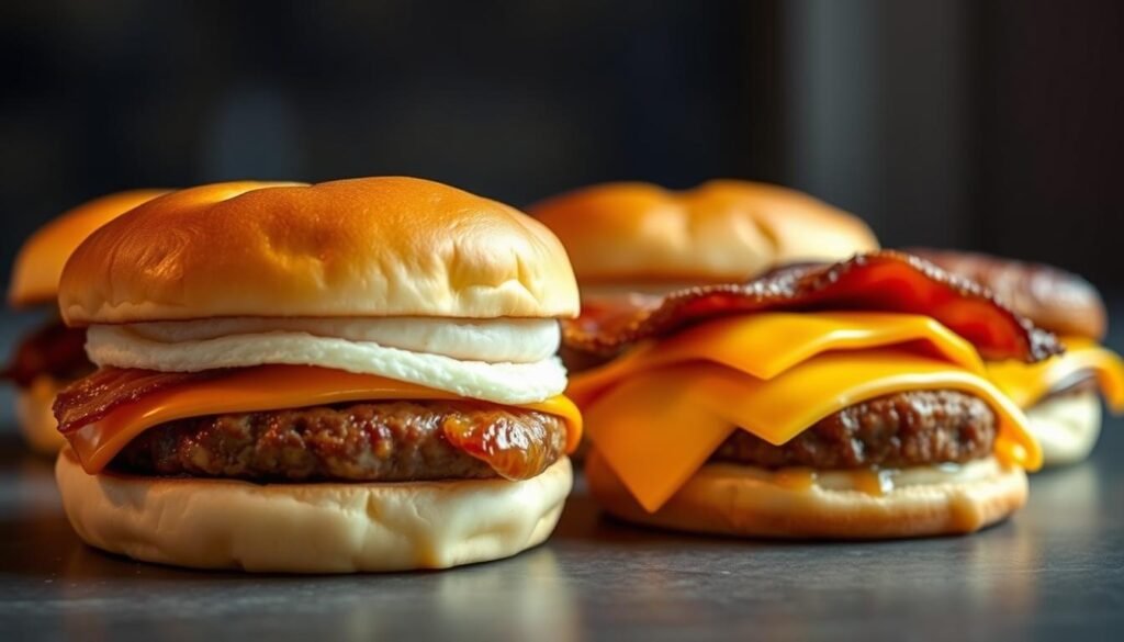 Artfully arranged McGriddle breakfast sandwiches, each showcasing a distinct variety. In the foreground, a classic McGriddle with sausage, egg, and cheese, its golden bun glistening under soft, warm lighting. Behind it, a McGriddle with crispy bacon and a fluffy egg, contrasting textures and flavors. Further back, a McGriddle with a juicy sausage patty and melted American cheese, evoking the perfect balance of sweet and savory. The scene is captured from a slightly elevated angle, emphasizing the mouth-watering details of these breakfast delights. The overall mood is one of inviting warmth and culinary delight, capturing the essence of the "McGriddle Revolution" and its ability to elevate the morning meal. Artfully arranged McGriddle breakfast sandwiches, each showcasing a distinct variety. In the foreground, a classic McGriddle with sausage, egg, and cheese, its golden bun glistening under soft, warm lighting. Behind it, a McGriddle with crispy bacon and a fluffy egg, contrasting textures and flavors. Further back, a McGriddle with a juicy sausage patty and melted American cheese, evoking the perfect balance of sweet and savory. The scene is captured from a slightly elevated angle, emphasizing the mouth-watering details of these breakfast delights. The overall mood is one of inviting warmth and culinary delight, capturing the essence of the "McGriddle Revolution" and its ability to elevate the morning meal.