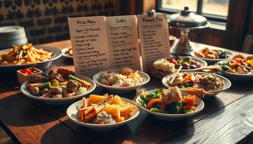 Detailed catering menu with mouthwatering dishes displayed on a rustic wooden table, lit by warm natural lighting and soft shadows. In the foreground, an assortment of appetizers, entrees, and sides elegantly arranged, showcasing the affordability and variety of the options. The middle ground features a hand-written price list with reasonable, accessible pricing. In the background, a subtle pattern or texture adds depth and character to the scene, creating an inviting and welcoming atmosphere for a catered event.