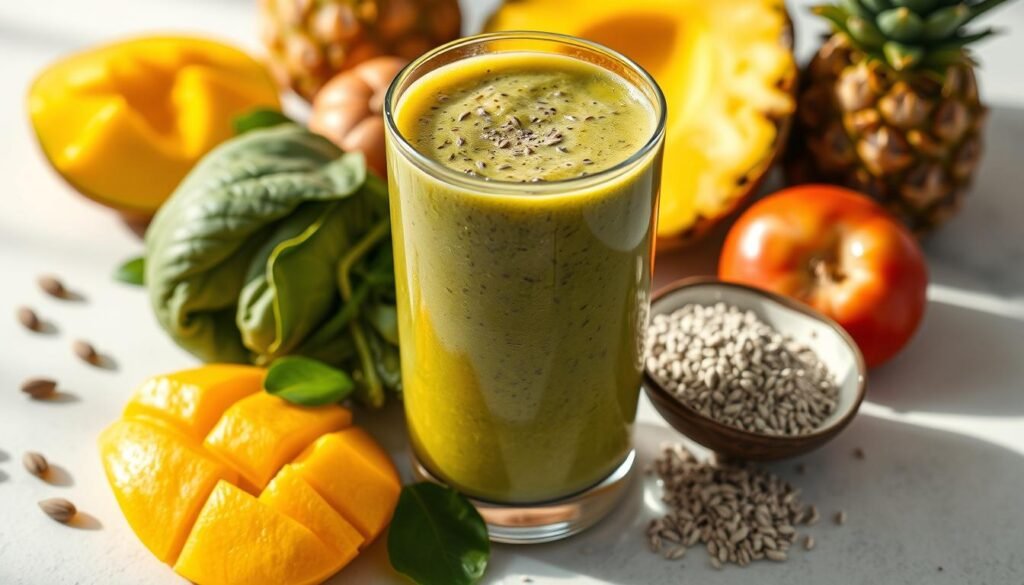 High-quality, detailed, hyper-realistic photograph of a vibrant tropical smoothie made with fresh tropical fruits, vegetables, and superfood ingredients on a clean white table. The smoothie glass is filled with a thick, creamy, visually appealing blend of ingredients like mango, pineapple, kiwi, spinach, chia seeds, and coconut milk. The ingredients are beautifully arranged and lit from the side, creating lush shadows and highlights that accentuate their natural colors and textures. The overall mood is fresh, healthy, and inviting, showcasing the vibrant, nutrient-dense components of a delicious, wholesome tropical smoothie.