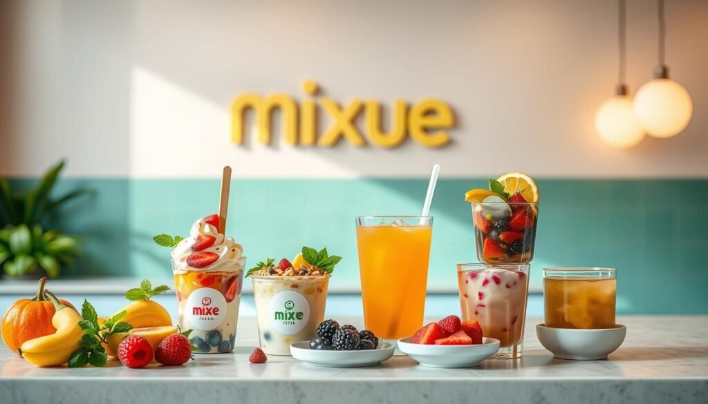 Mixue Ice Cream &amp; Tea Healthy Menu Options: A vibrant, minimalist scene showcasing a selection of Mixue's refreshing and nutritious treats. In the foreground, an assortment of ice cream cups and tea glasses with fresh fruits, vegetables, and healthy toppings. A clean, modern countertop with a Mixue logo sign in the background. Soft, natural lighting illuminates the scene, creating a calming, inviting atmosphere. The overall composition emphasizes the freshness, quality, and health-conscious nature of Mixue's menu offerings.