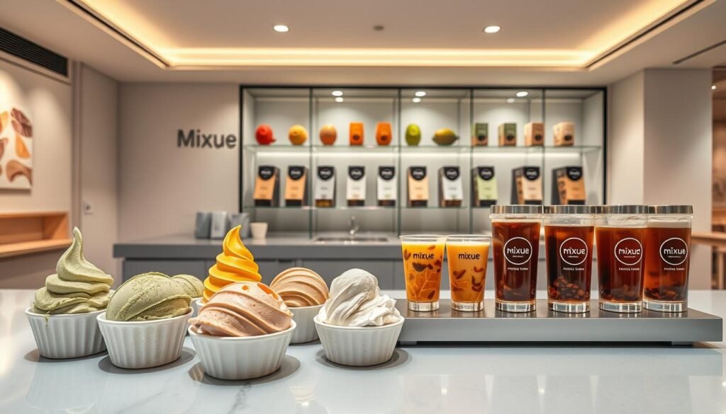 Mixue Ice Cream and Tea Product Range: A mouth-watering array of delectable treats on a sleek, modern counter. In the foreground, an assortment of colorful ice cream scoops in unique flavors like matcha, taro, and mango. The middle ground showcases an elegant display of glass-encased tea products, their labels showcasing the Mixue brand identity. The background features a minimalist interior design with clean lines, soft lighting, and a neutral color palette that accentuates the vibrant products. The overall scene conveys a sense of premium quality, innovation, and a commitment to delivering a premium customer experience.