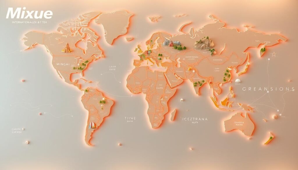 Mixue International Expansion Map, an immersive visualization showcasing the global footprint of Mixue Ice Cream &amp; Tea. Rendered in a vibrant, cartographic style, the map depicts continents and countries connected by dynamic data visualizations. Intricate details like iconic landmarks, winding roads, and bustling cityscapes create a sense of depth and realism. Soft, warm lighting illuminates the scene, casting an inviting glow that evokes the brand's delightful essence. The composition balances informative data points with an artistic aesthetic, captivating the viewer and highlighting Mixue's remarkable worldwide expansion.