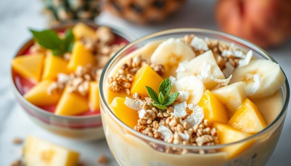 Tropical smoothie bowls filled with vibrant, juicy fruits - pineapple, mango, and banana, swirled in a creamy, nutrient-dense blend. Garnished with fresh coconut shreds, crunchy granola, and a drizzle of honey, creating a visually stunning and health-conscious meal. The scene is captured in natural lighting, with a soft, diffused glow highlighting the bowl's textural elements. The composition features a close-up view, emphasizing the layered ingredients and their vivid colors against a minimalist background, creating a calming, appetizing atmosphere.